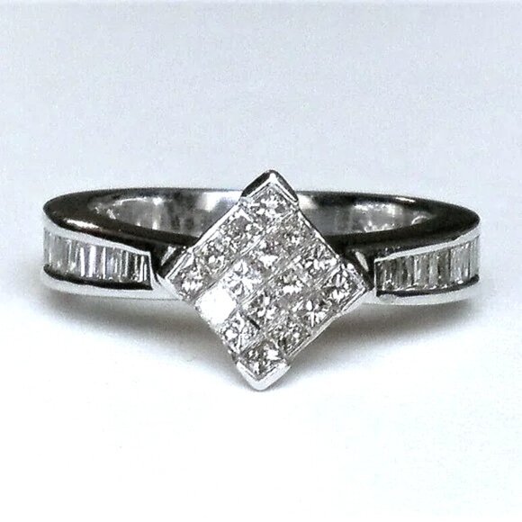 14K White Gold Princess Cut Baguette Diamond Invisible Setting Engagement Ring P